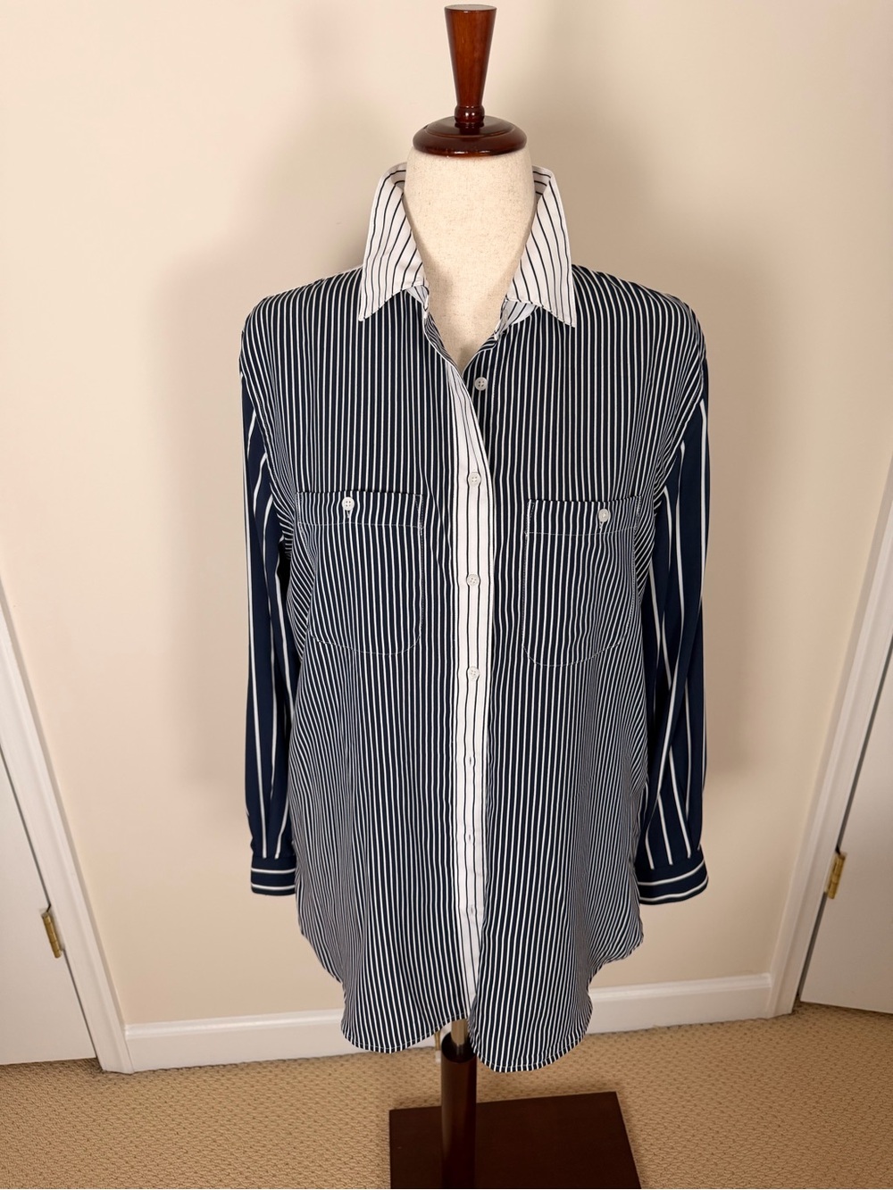 Lauren Ralph Lauren Blue White Striped Tunic Button Front Blouse Size L